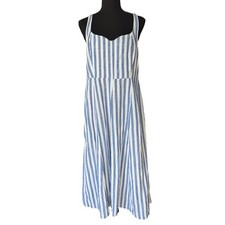 Old Navy Blue White Striped Smocked Bodice Midi Dress Size L Coastal Cottagecore