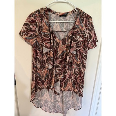 Sami & Jo Womens Paisley Ruffle V-Neck High Low Short Sleeve Blouse Brown Red
