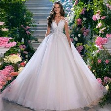 Deep V Cap Sleeve Lace Tulle A Line Wedding Gown With Long Train Custom Size