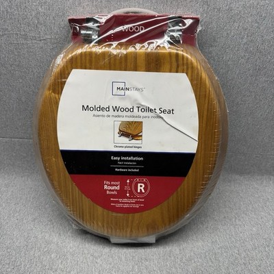 Mainstays Round Molded Wood Toilet Seat Chrome Plated Hinges Easy Installation