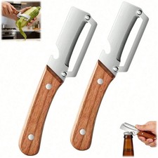 2-Pack 2-in-1 Vegetable Peeler Bottle Opener Wooden Handle Stainless Steel