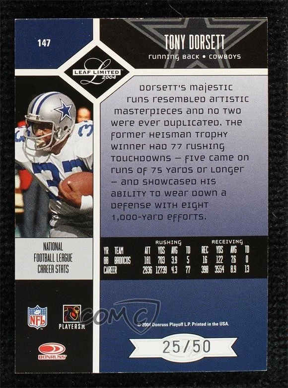 2004 Leaf Limited Spotlight Silver /50 Tony Dorsett #147 HOF - Image 2 of 2