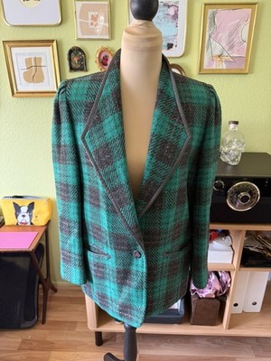 Vtg 80s An's Mode Green Black Plaid Wool Blazer Jacket Single Button L 10 12