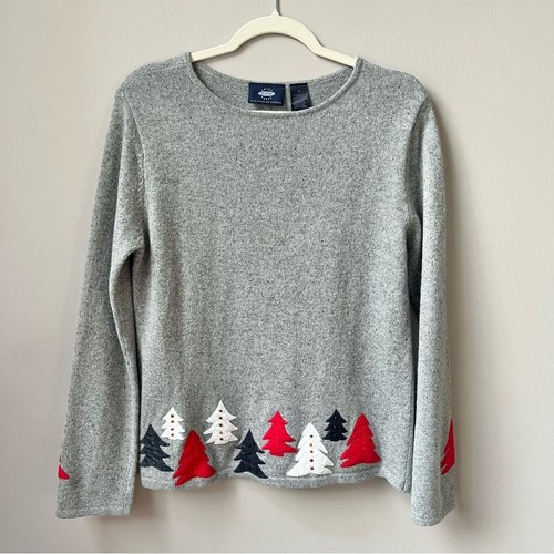 Vintage Weihnachtspullover Damen Medium Wollmischung Bäume 90er klassisch kuschelig Hütte