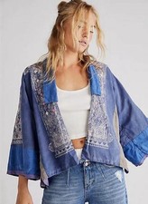 MAGNOLIA PEARL Flora Mae Blue Multi Patchwork Cotton Short Kimono Jacket NWT-OS