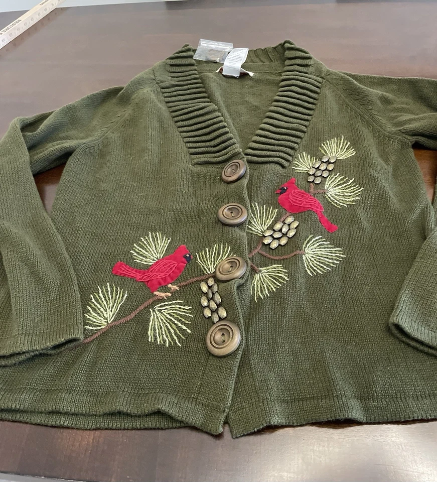 Vintage Norm Thompson Chunky Knit Cardigan Cardinal Bird Christmas Holiday Sz. L - Image 2 of 4