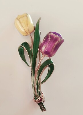 Vintage 835 Silver Brooch Pin Enamel Tulip Flower Brooch Purple Yellow