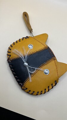 Hand Made Leather Cat Face Change Purse Coin Case Zip Pouch
