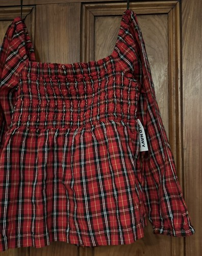 NWT Old Navy Long Sleeve Smocked Shirred Red Plaid Back Cut-out Bow Size Small - Picture 9 of 16