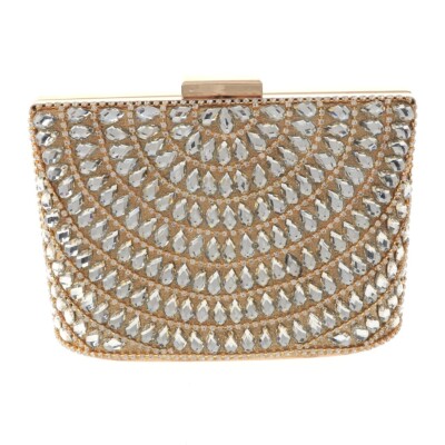 Gold Tone Fashion Satin Fabric Clutch Evening Bag With Rhinestone TLX192-GLD