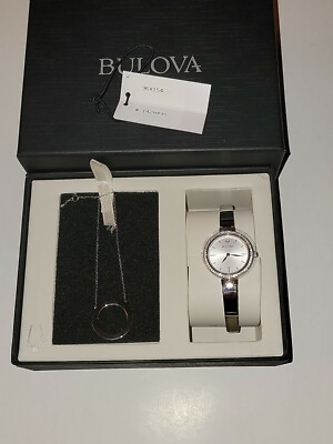 Genuine Bulova Stainless Steel Ladies Watch & Crystal Halo Pendant Set 96X154 