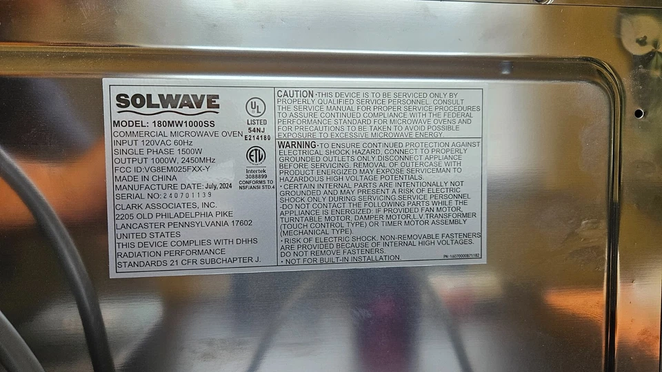Microondas comercial Solwave de 0,9 pies cúbicos con controles de botón pulsador - 120 V, 1000 W Foto 4 de 4