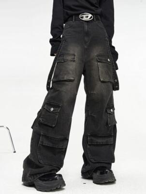 Men's Black Wide Leg Multi Pockets Loose Punk Hip Hop Jeans