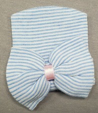 Baby Girl Blue  White Striped Newborn Knit Bow Infant Cap Hat