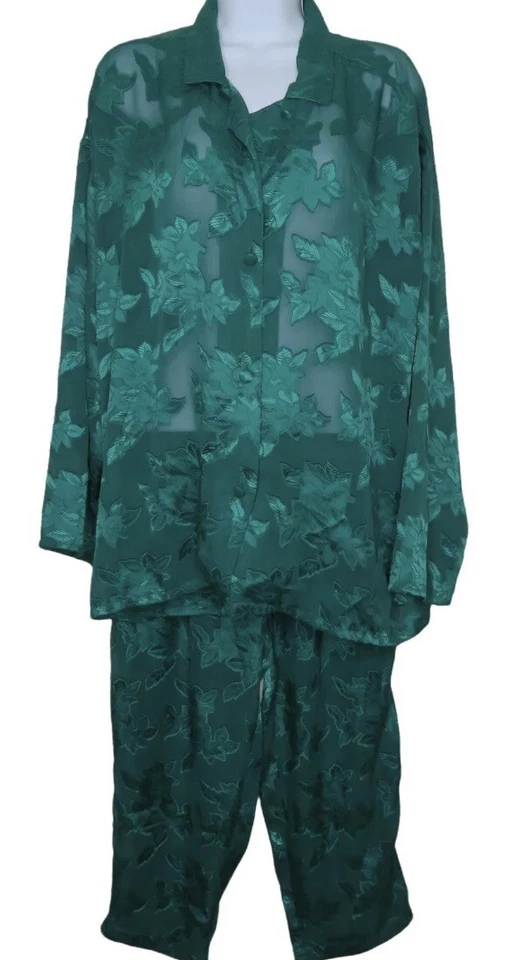 Camisa Pantalones Pijama Vintage Victoria’s Secret Etiqueta Dorada M Verde Brocado Transparente Foto 2 de 4