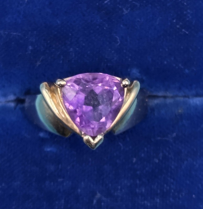 Solid 14k Gold Trillion Cut Amethyst Gold Ring