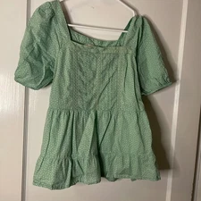 LOFT Green Polka Dot Tiered shirt top Short Sleeve Square Neck Womens medium
