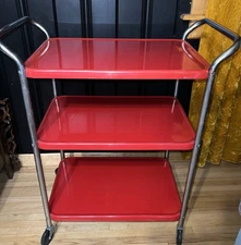 VTG Red Metal Rolling Cart Mid Century Cosco Style Farmhouse Cottage Bar Storage
