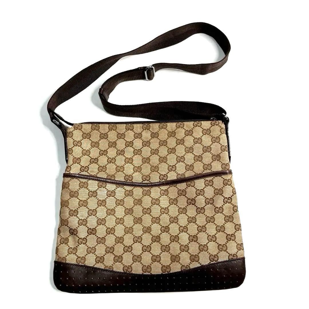 Gucci GG Canvas Brown Leather Unisex Shoulder Crossbody Bag Pre-Owned
