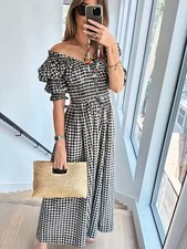 NWT Doen Ischia Cotton Voile Smocked Midi Dress Cassis Check black Plaid
