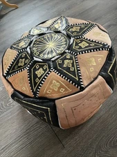 Moroccan Handmade Leather Ottoman Pouf Unstuffed Footstool-Black Tan Gold Zipper