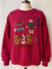 Vintage Cottagecore Cat Sweatshirt Grandmacore Folk Art Pink USA Made L