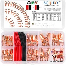 60Pcs Copper Wire Lugs, Battery Cable Ends AWG 4 6 8 10 12 Gauge Wire 60PCS