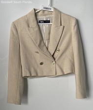 Zara Womens Beige Long Sleeve Notch Lapel Double-Breasted Cropped Blazer Size XS