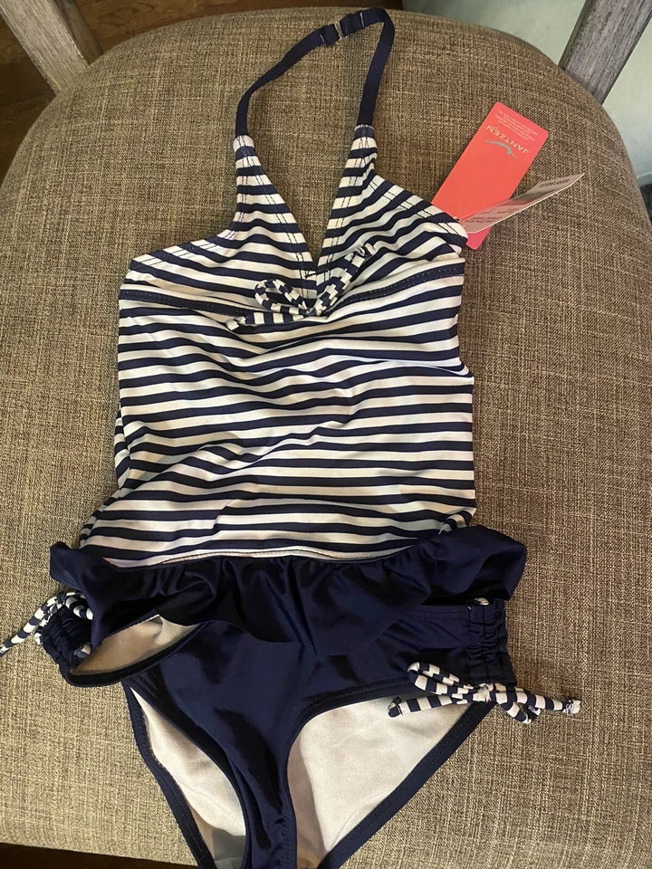 NUEVO Traje de baño Tankini Jantzen Girls 5 azul blanco a rayas 2 piezas UPF 50+ Foto 2 de 4
