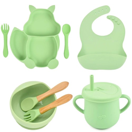 8PCS/Set Baby Sucker Bowl Plate Cup Bibs Spoon Fork Sets Children Feeding Dishes - Picture 48 of 51