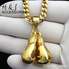 18-36"Stainless Steel 5mm Gold Plated Cuban Link Chain Boxing Glove Pendant AG87