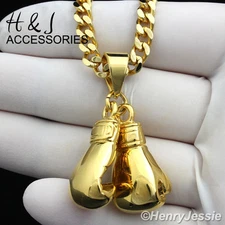 18-36"Stainless Steel 5mm Gold Plated Cuban Link Chain Boxing Glove Pendant*AG87