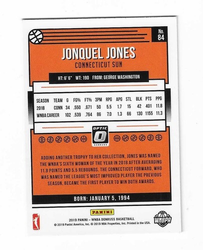 2019 Donruss Optic WNBA Jonquel Jones Card #84 - Picture 2 of 2