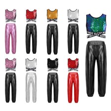 Kids Girls Tracksuit Sequins Hip Hop Criss-cross Crop Top With Pants Round Neck