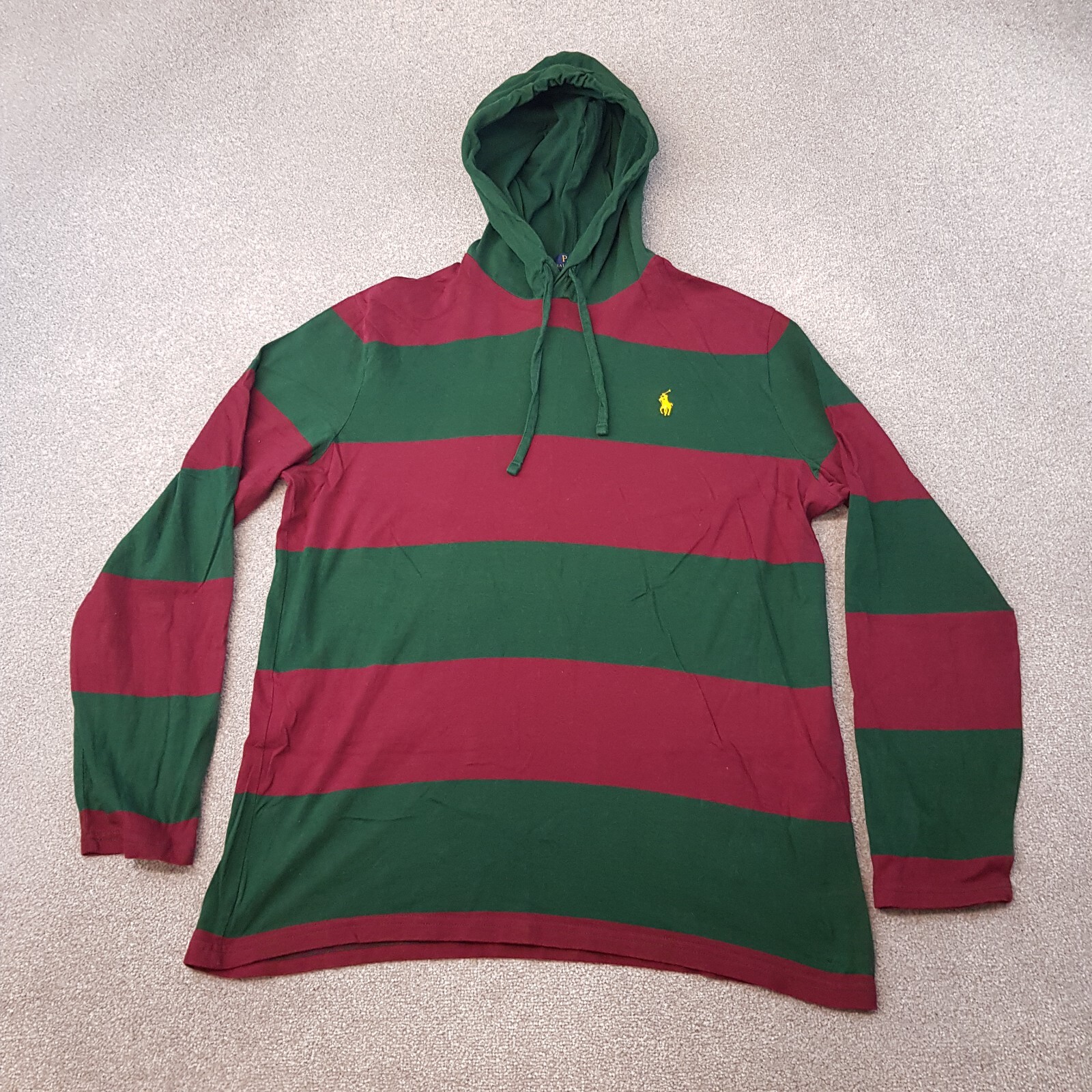 Polo Ralph Lauren uomo felpa con cappuccio grande verde righe rosse pullover leggero pony
