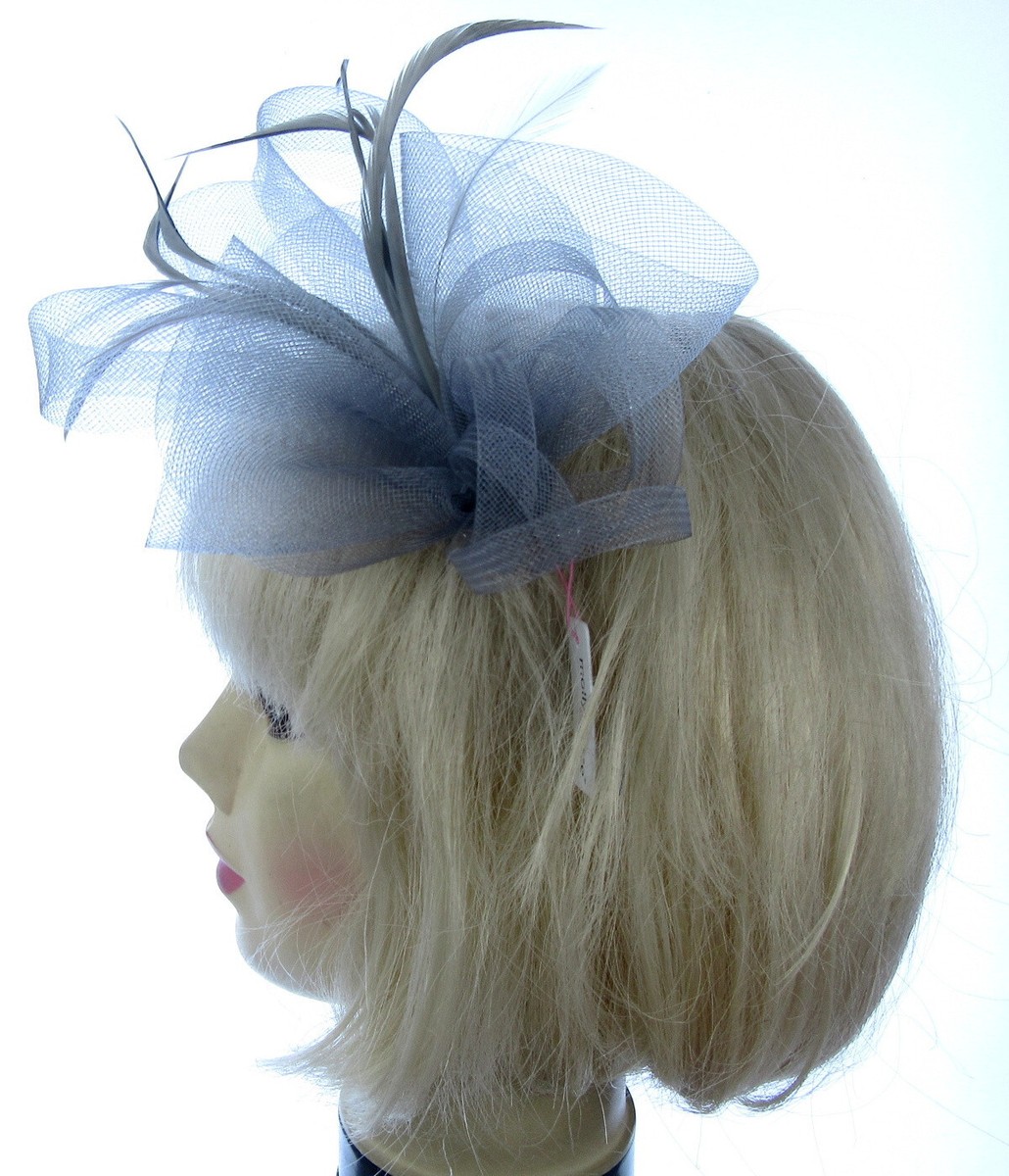 Silver grey mesh and feather fascinator clip weddings, party races - Main Image
