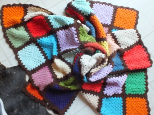 Crocheted blanket brown borders multicolored squares 54" x 64" handmade