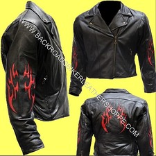 Ladies Womens Leather Motorcycle Style Jacket Red Tribal Flames– Sizes Xs-4x