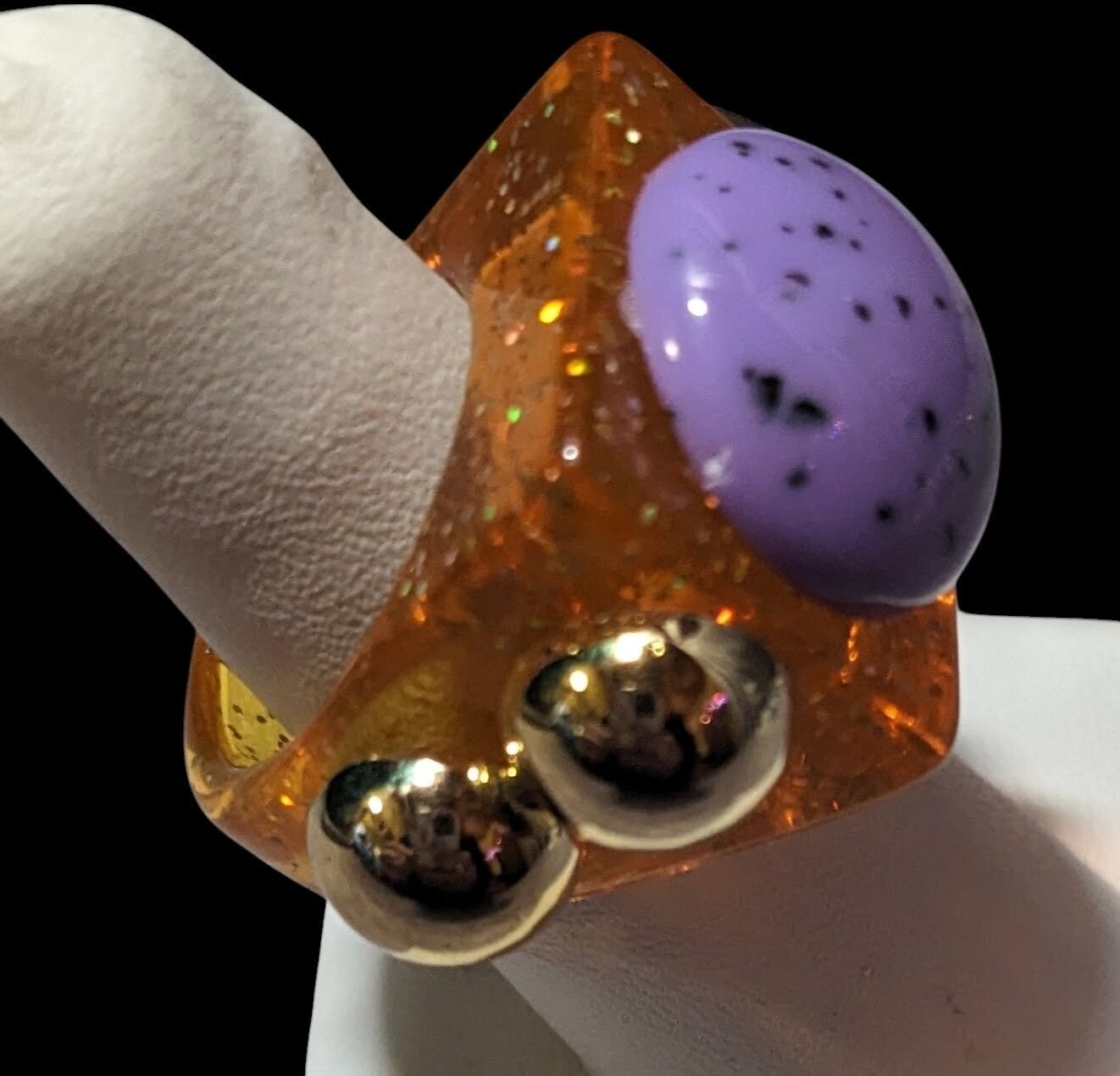 Chunky Translucent Orange Glitter Ring With Gold … - image 7