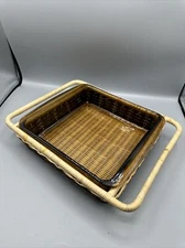 Vintage PYREX 8" Brown Glass 2qt Brownie Casserole Dish 222 w/Basket Caddy UK