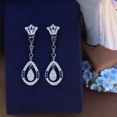 Boucles D'oreilles Clous Art Déco Taï-chi Avec CZ Bleu – Style Great Gatsby, Neuf Sans Emballage