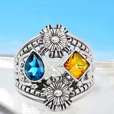 Blue Topaz  Citrine Solid 925 Sterling Silver Ring 9