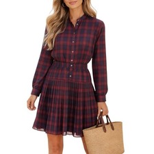 J Crew Shirt Dress Womens 8 Red Blue Plaid Pleated Button Front Belt Optional