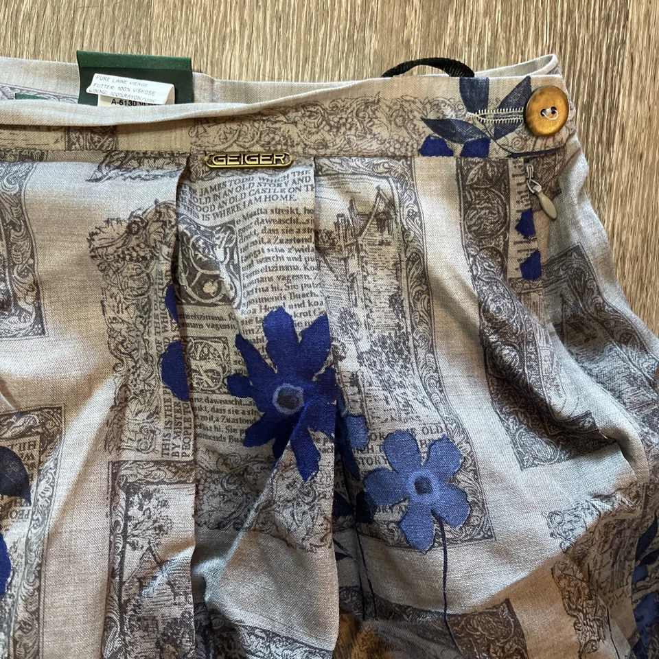 Saia de lã vintage Geiger tamanho 44 (33 pol) cinza azul estampa floral - Imagem 3 de 4