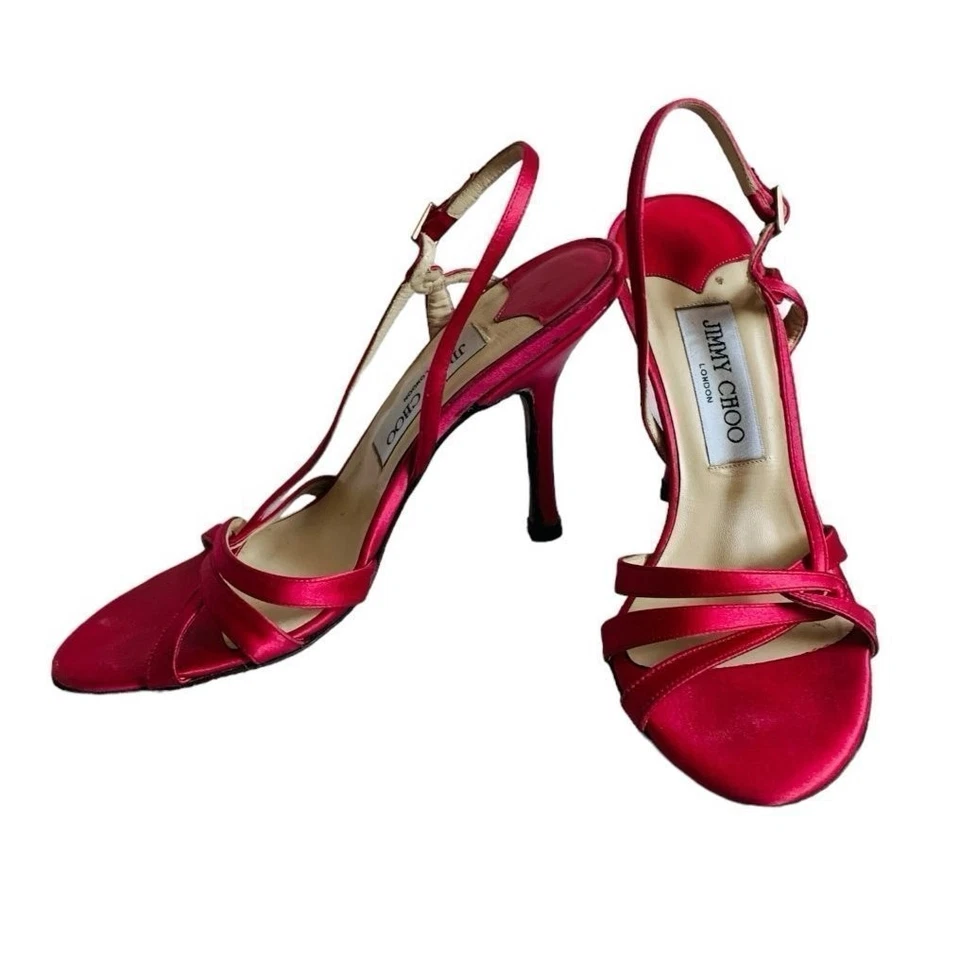 Tacones de aguja JIMMY CHOO rosa fucsia satinado punta abierta para mujer talla 6,5 Foto 4 de 4