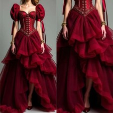 Vintage Victorian Burgundy Prom Dress Ruffles Puff Sleeve Sweetheart Party Gowns