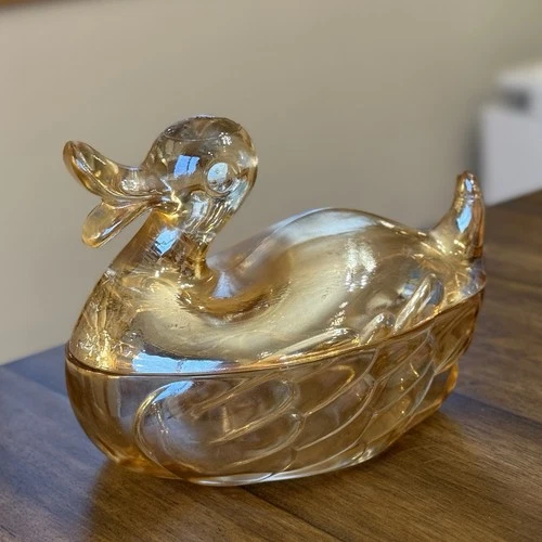Vintage  Jeanette Marigold Carnival Glass Duck Trinket Dish