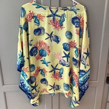 QUACKER FACTORY Poly Embellished Starfish Kimono Poncho Size L Yellow Blue
