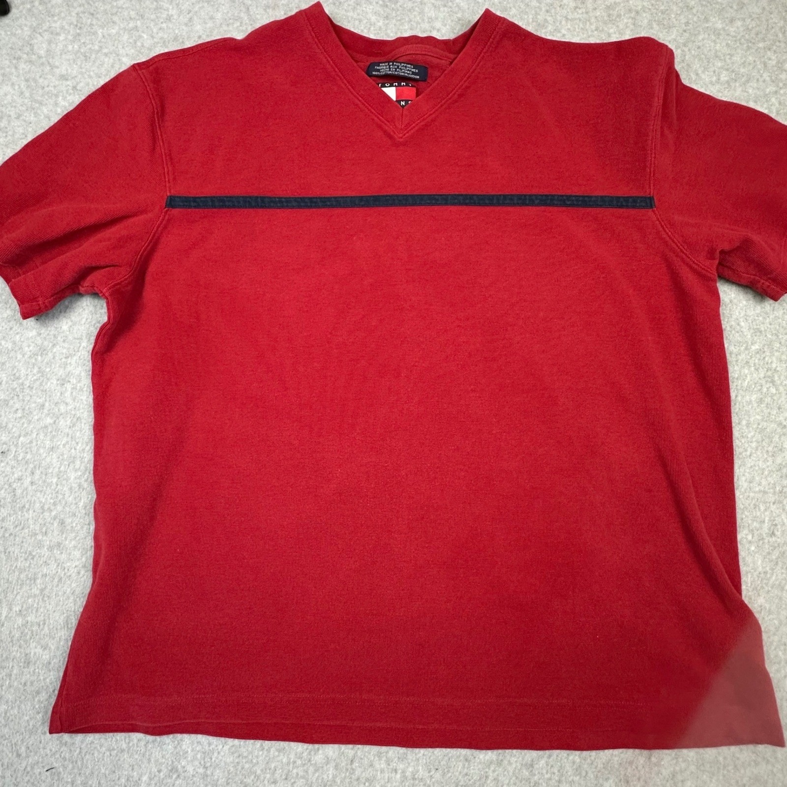 90s Y2K Tommy Jeans XXL Red V-Neck Waffle Knit Short Sleeve Stripe Shirt Vintage