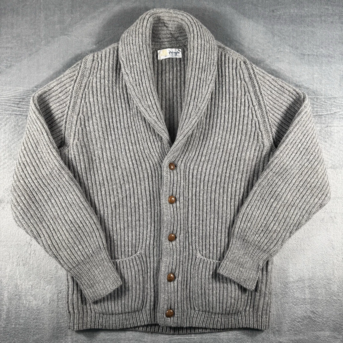 Cárdigan Pringle of Scotland cuello chal 100 % lana gris XL vintage